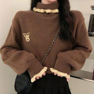 Reindeer Embroidered Mock-neck Knit Top