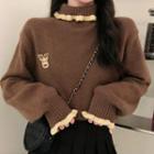 Reindeer Embroidered Mock-neck Knit Top