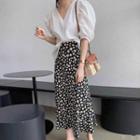 Set: V-neck Puff-sleeve Blouse + Flower Print Midi A-line Skirt