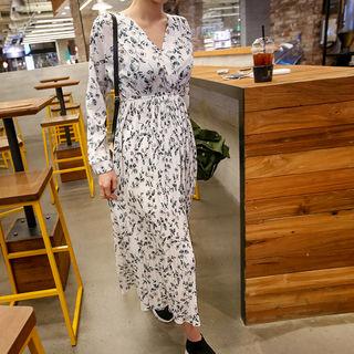 Plunge-neck Gathered-waist Floral Maxi Dress