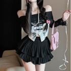 Long-sleeve Off-shoulder Crop Top / Frog-button Camisole Top / Tiered Mini A-line Skirt