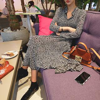 Mandarin-collar Foliage Chiffon Long Shirtdress