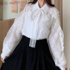 Long-sleeve Collared Bow Lace Blouse