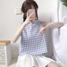 Sleeveless Mandarin Collar Gingham Top