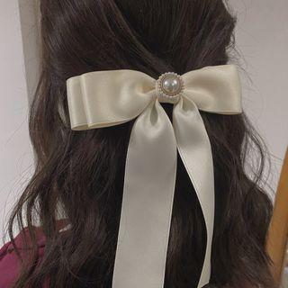 Faux Pearl Ribbon Hair Clip White & Beige - One Size