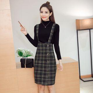 Set: Long-sleeve Mock-neck Knit Top + Plaid Jumper Skirt