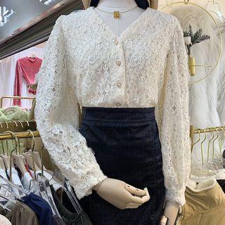 Buttoned Long-sleeve Lace Top Almond - One Size