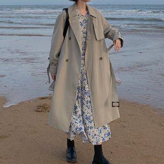 Long-sleeve Flower Print Midi A-line Dress Blue Floral - White - One Size