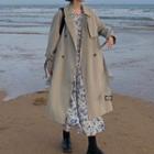 Long-sleeve Flower Print Midi A-line Dress Blue Floral - White - One Size
