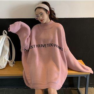 Mock-turtleneck Lettering Tunic Sweater