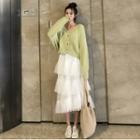 V-neck Cardigan / Tiered Midi Mesh Skirt