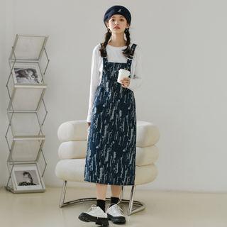 Print Denim Midi A-line Overall Dress