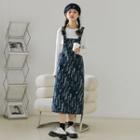 Print Denim Midi A-line Overall Dress