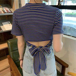Short-sleeve Striped Back Tie-accent  T-shirt