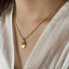 Disc Faux Pearl Pendant Stainless Steel Necklace Gold - One Size