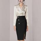 Shawl Collar Blouse / Slit Pencil Skirt