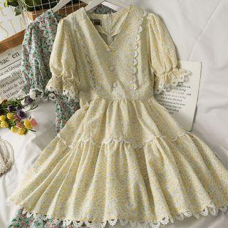 Lace-trim Floral V-neck Dress