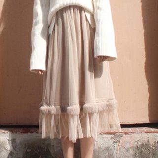 Faux-fur Trim Midi Mesh Skirt