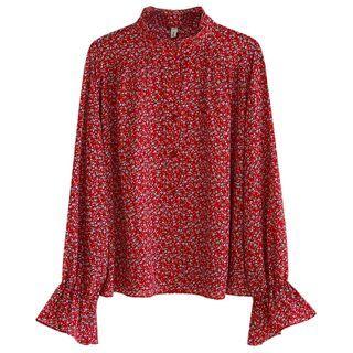 Long-sleeve Floral Print Mock-neck Shirt