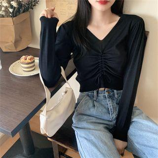 V-neck Drawstring Plain Sweater