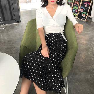 Set: V-neck Top + Dotted Skirt