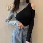 Two-tone Cold-shoulder Long-sleeve Knit Top