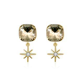 925 Sterling Silver Fashion Elegant Star And Geometric Sqaure Earrings With Champagne Austrian Element Crystal Golden - One Size