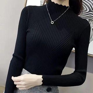 Scalloped Trim Mock Neck Knit Top