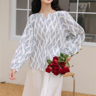Long-sleeve Floral Blouse Gray Print - White - One Size