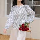 Long-sleeve Floral Blouse Gray Print - White - One Size