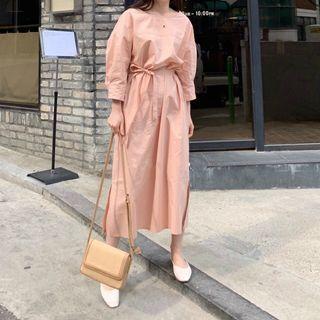 Balloon-sleeve Midi A-line Dress Orange Pink - One Size