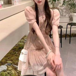 Short-sleeve Ruffled Mesh Mini A-line Dress