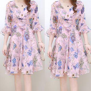 Printed V-neck 3/4-sleeve A-line Chiffon Dress