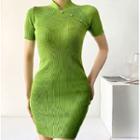 Short-sleeve Plain Knit Mini Qipao Dress
