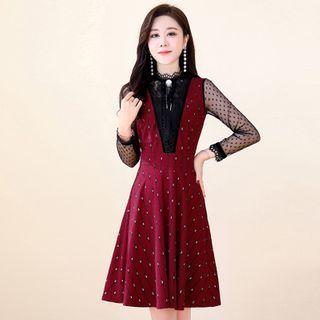 Long-sleeve Patterned Paneled A-line Dress