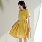 Plain Short-sleeve A-line Dress Yellow - One Size