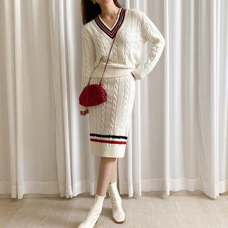 Set: V-neck Cable-knit Sweater + Knit Skirt