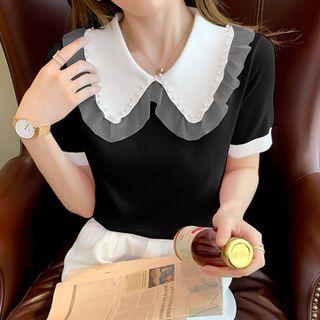 Short-sleeve Mesh Trim Collar Knit Top