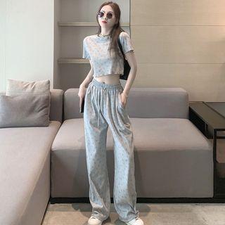 Short-sleeve Smiley Face Print Crop T-shirt / Wide Leg Pants