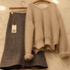 Set: V-neck Sweater + Midi Plaid A-line Skirt