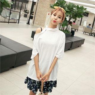 Tie-neck Asymmetric Cutout-shoulder Top