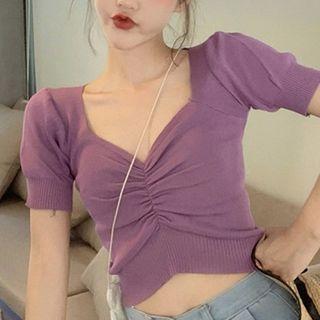 Short-sleeve V-neck Knit Crop Top