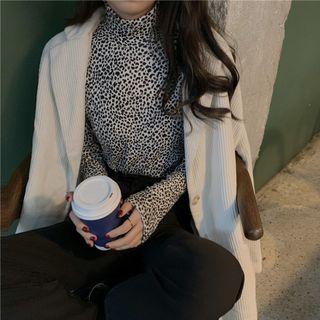 Mock-turtleneck Leopard Print Long-sleeve Top As Shown In Figure - One Size