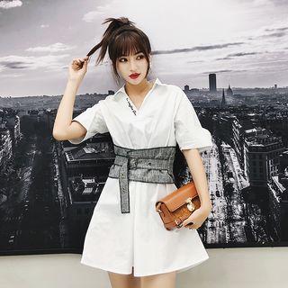 Elbow-sleeve Belt-waist A-line Mini Dress