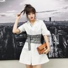 Elbow-sleeve Belt-waist A-line Mini Dress