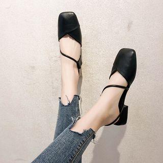 Faux Leather Square Toe Low Heel Sandals
