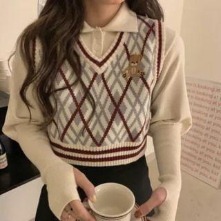 Bear Argyle Sweater Vest Beige - One Size