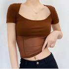 Short-sleeve Square Neck Mesh Panel Crop Top