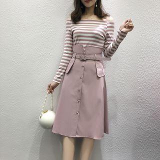 Set: Striped Off-shoulder Top + Buttoned A-line Skirt With Belt