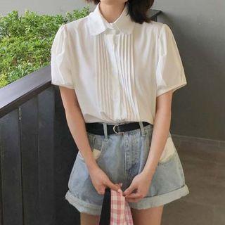 Plain Puff-sleeve Short-sleeve Top White - One Size